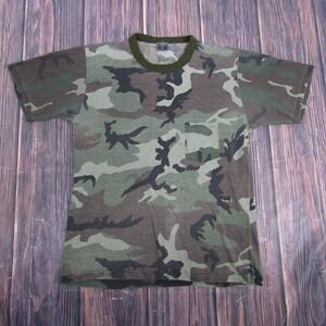 Vintage Camo Shirt Mens Large Green Woodland Pocket Single Stitch Made USA 90s
